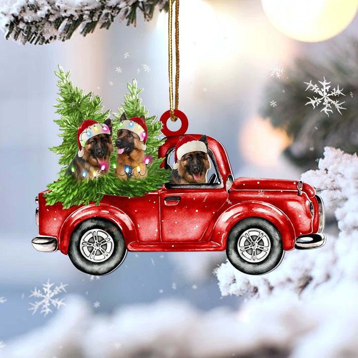 German Shepherd Red Car Christmas Ornament