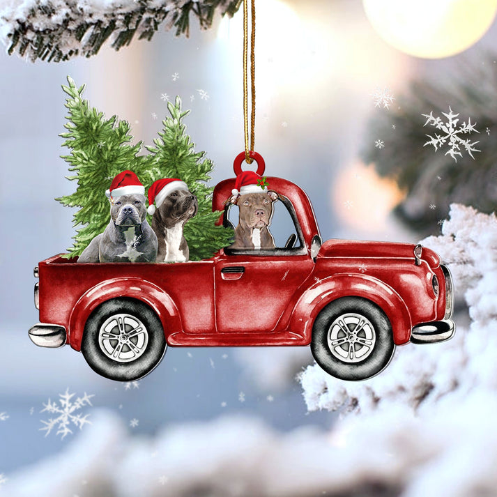 Pitbull Red Car Christmas Ornament