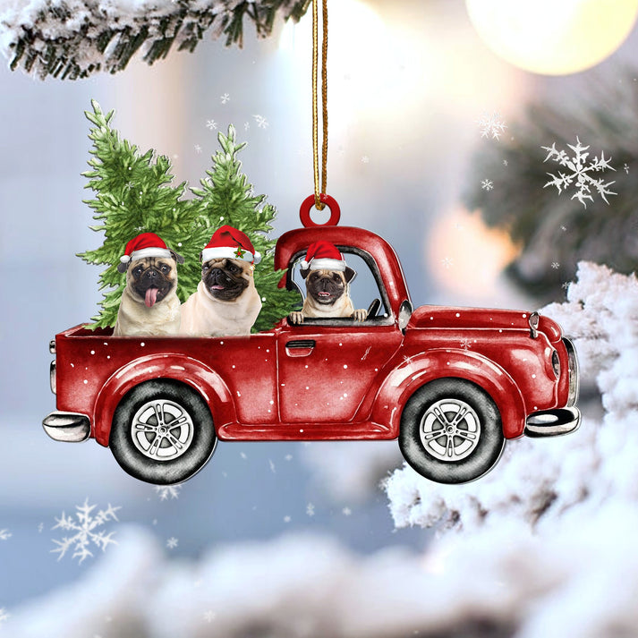 Pug Red Car Christmas Ornament