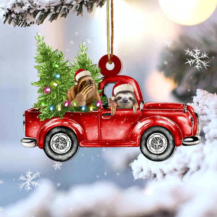 Sloth Red Car Christmas Cus Ornament