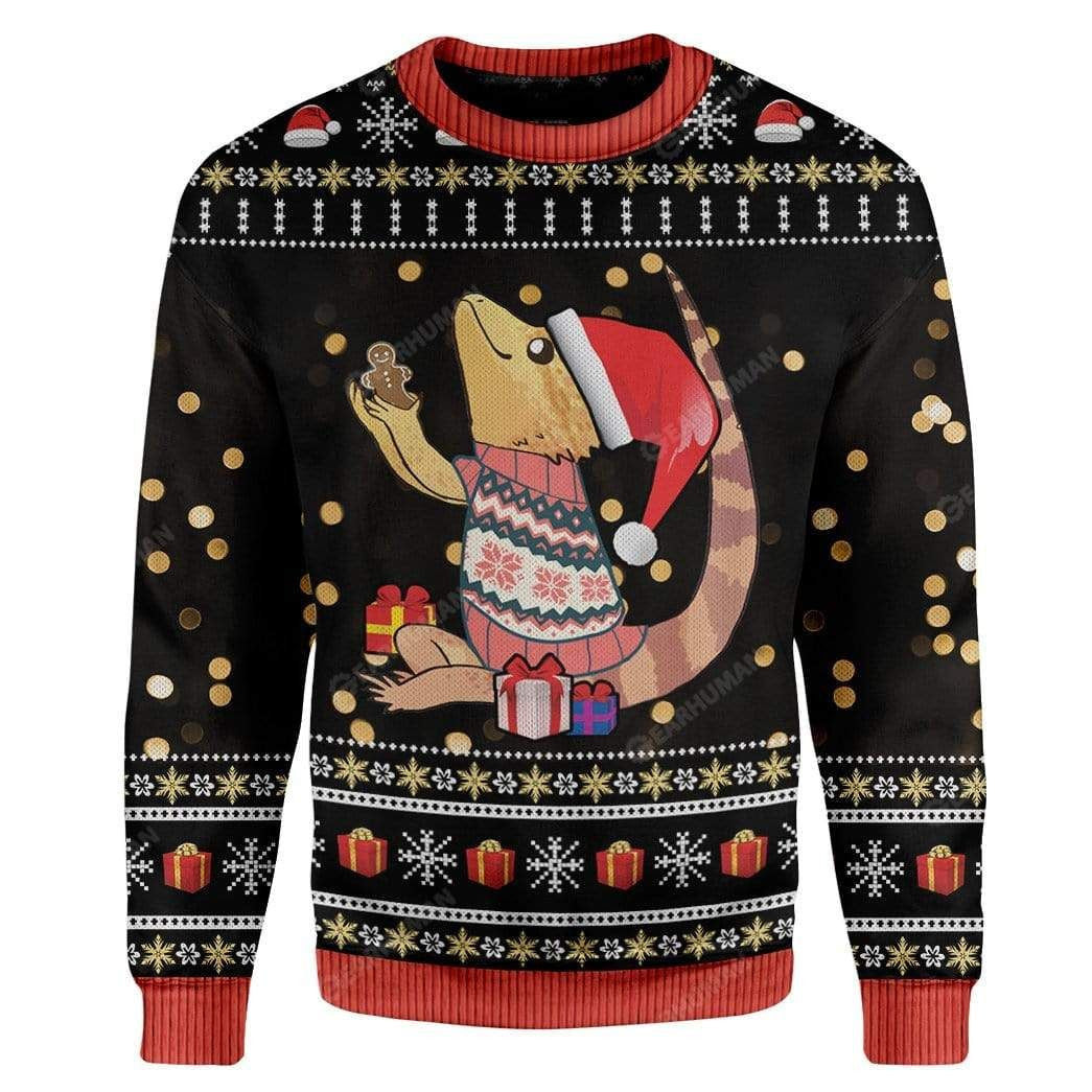 Bearded Dragon Holding Gingerbread Man Ugly Sweater