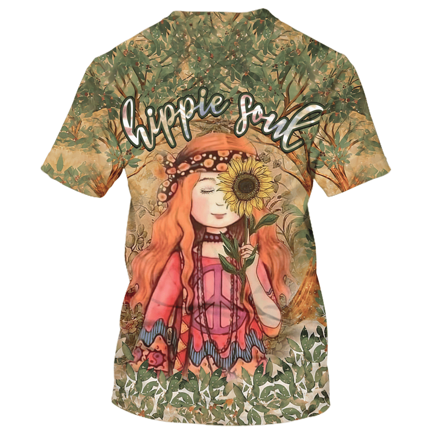 Hippie Girl Holding Sunflowers In The Forest Of Souls - T-Shirt