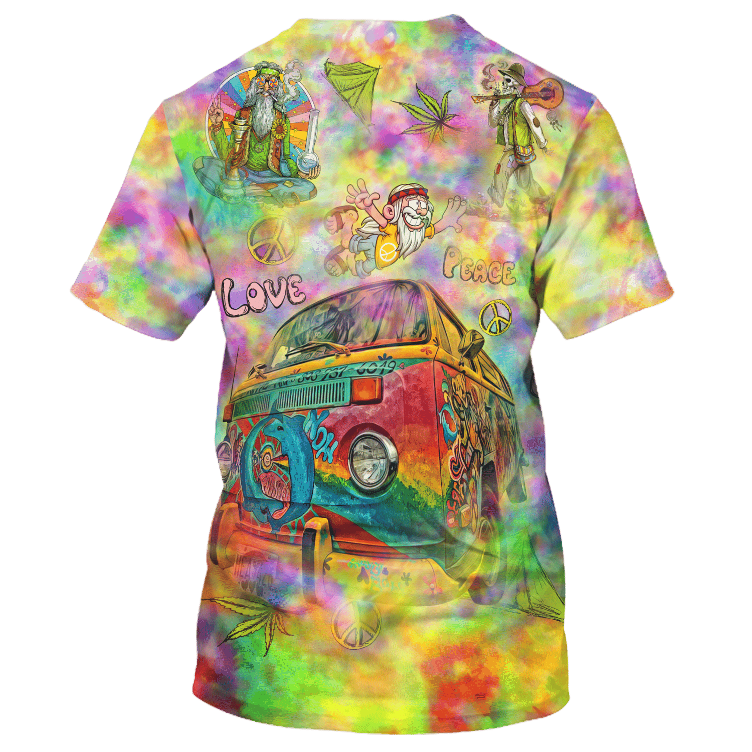 Hippie Flying Cartoon Love Peace With Car - T-Shirt