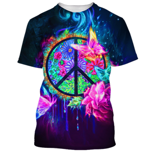 Hippie Fire Butterfly And Peace Sign - T-Shirt