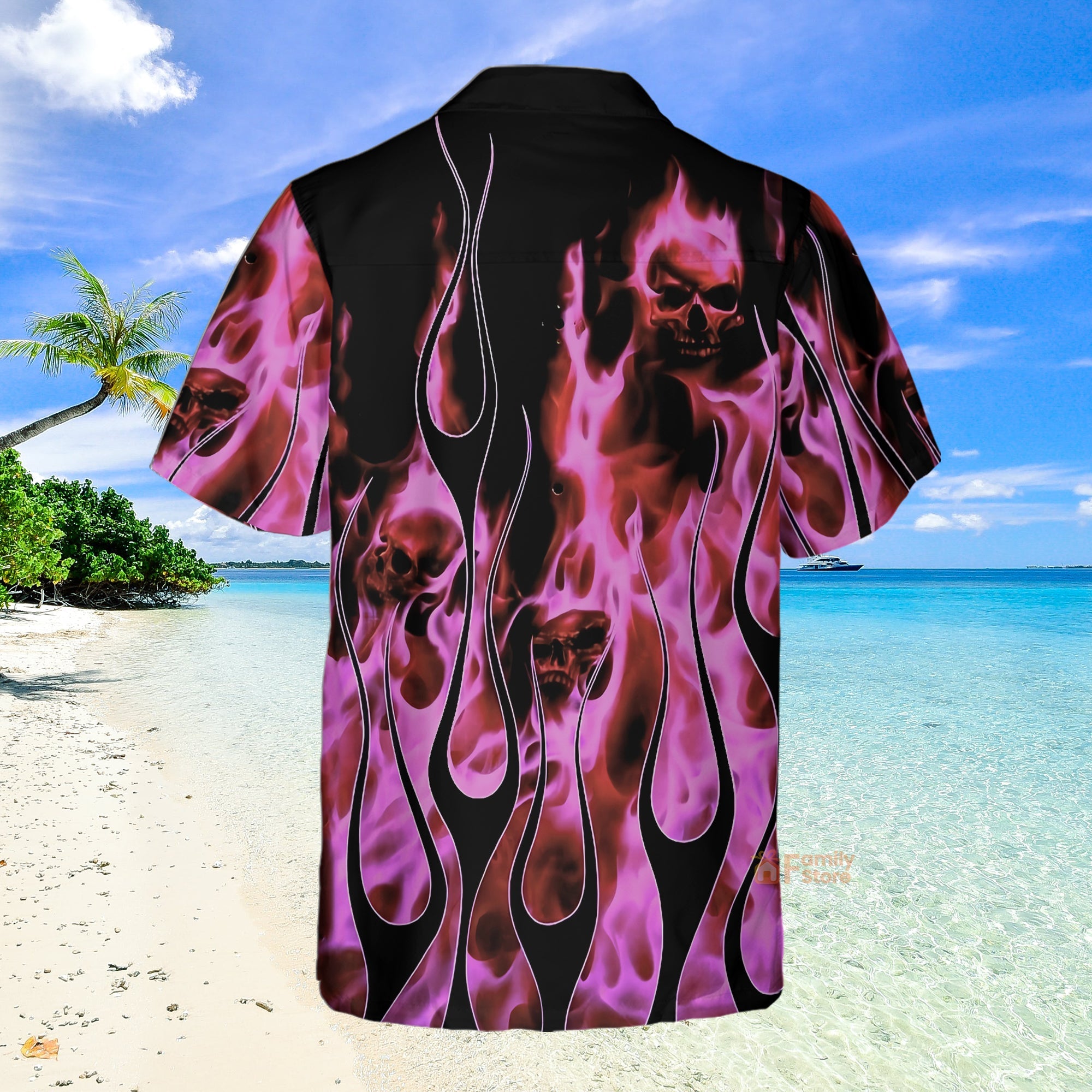 Pink Flames And Skulls In The Dark Hawaiian Shirt