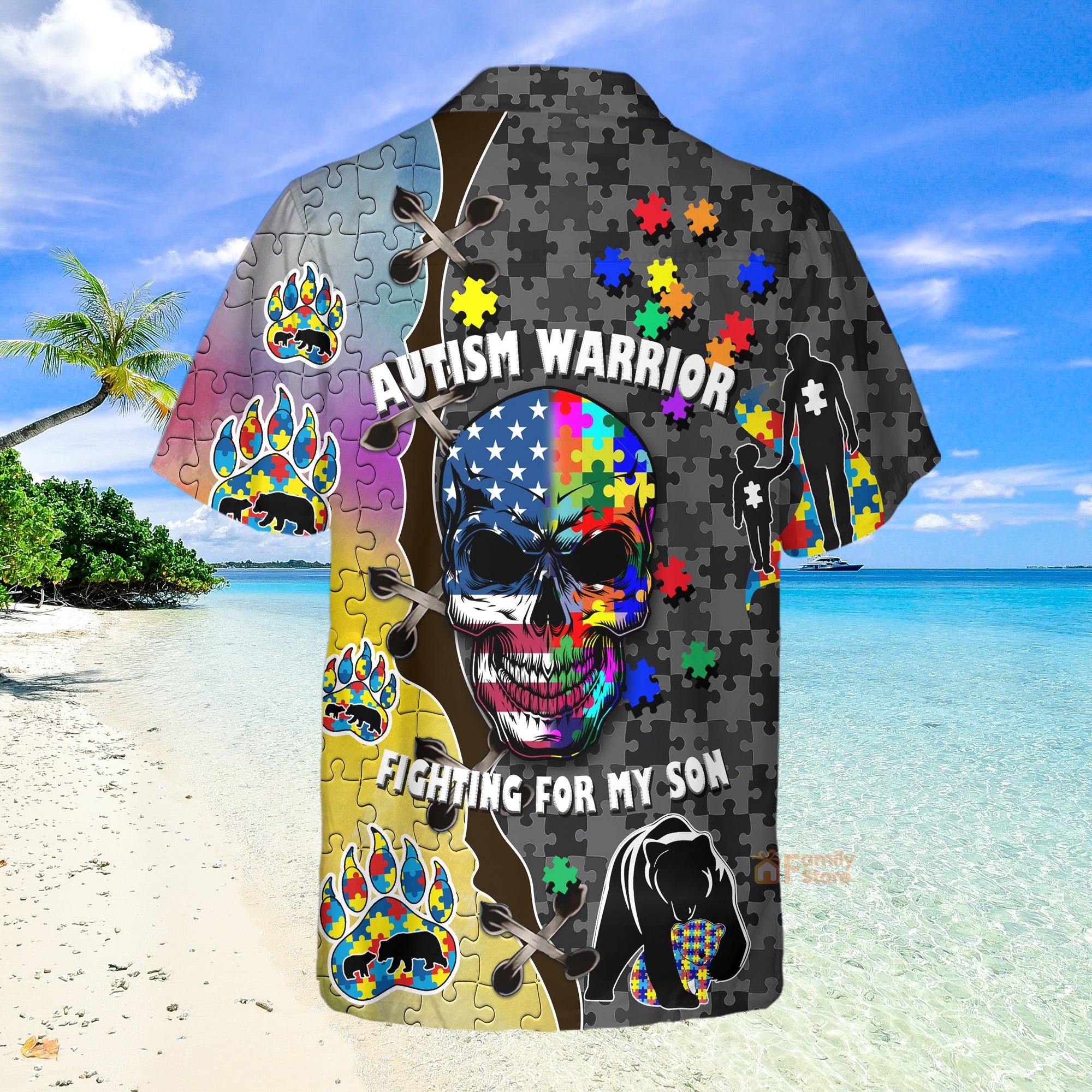 Autism Warrior Fighting For My Son Skull Colorful Puzzle Aloha Hawaiian Shirt