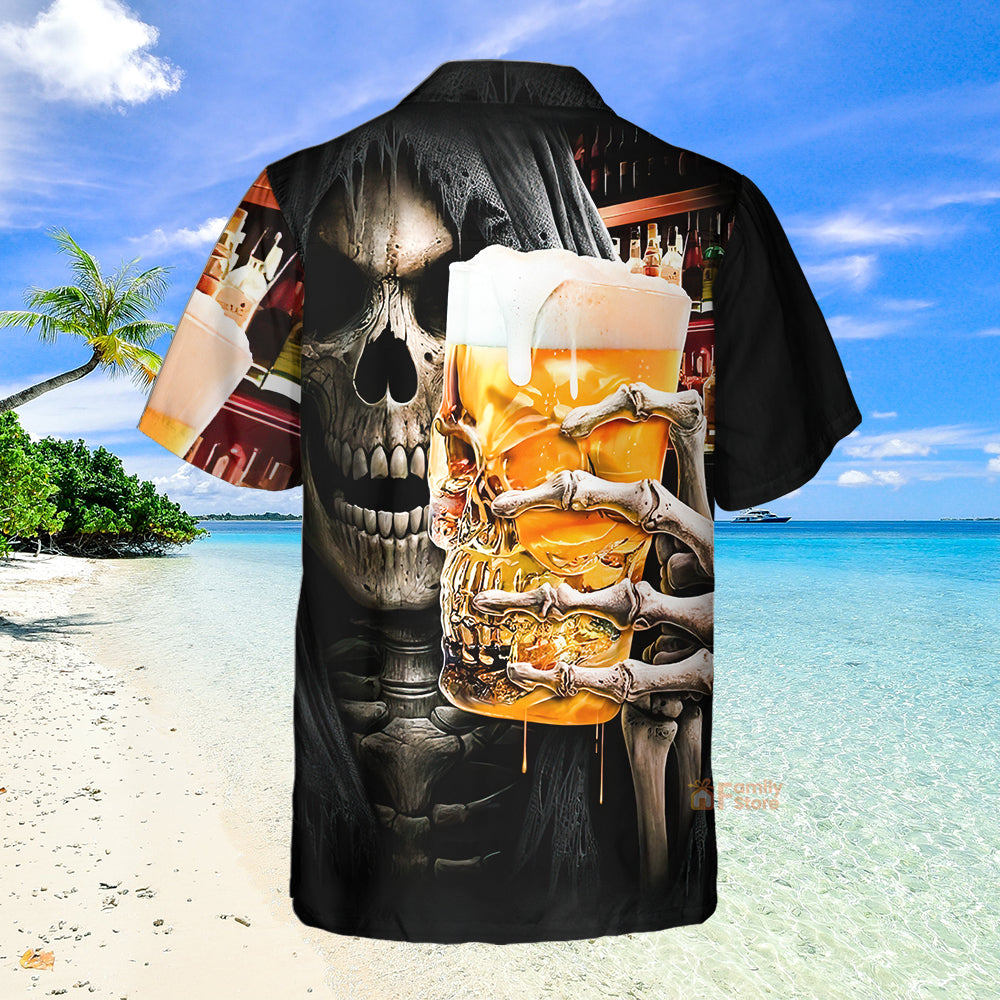 Skeleton Drinking Beer Chest Pocket Short Sleeve Casual Hawaiian Shirt