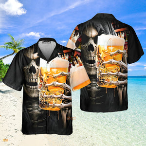 Skeleton Drinking Beer Chest Pocket Short Sleeve Casual Hawaiian Shirt