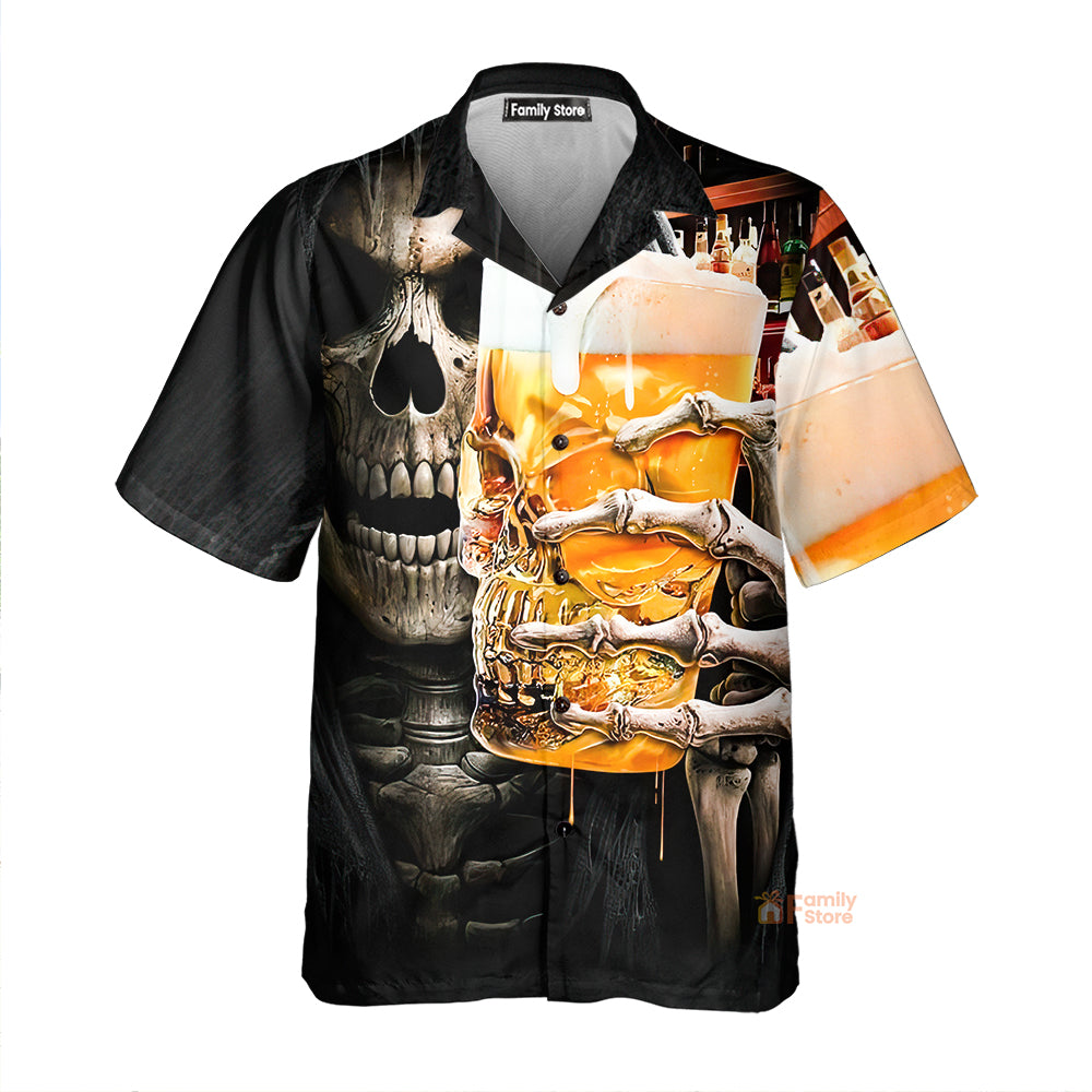 Skeleton Drinking Beer Chest Pocket Short Sleeve Casual Hawaiian Shirt