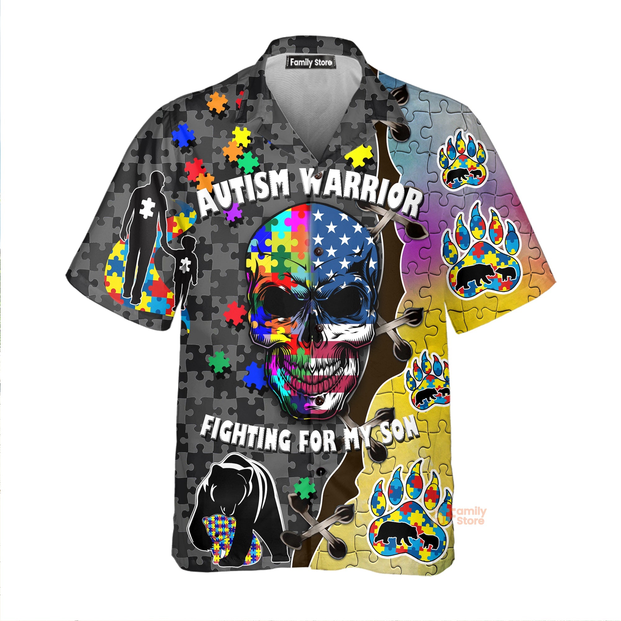 Autism Warrior Fighting For My Son Skull Colorful Puzzle Aloha Hawaiian Shirt