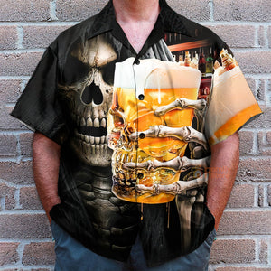 Skeleton Drinking Beer Chest Pocket Short Sleeve Casual Hawaiian Shirt