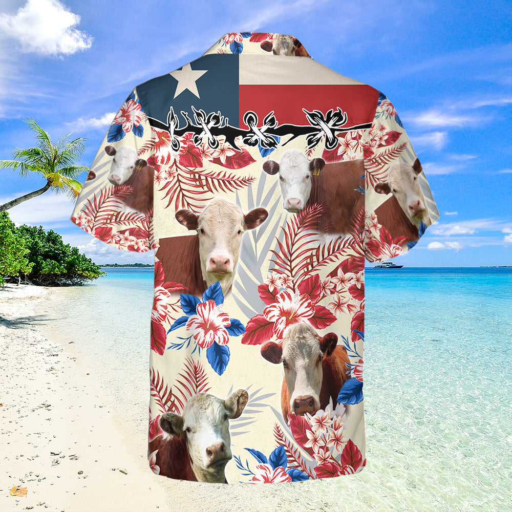 Unique Hereford Cattle Texas Flag Hawaiian Flowers All Over Printed 3D Hawaiian Shirt