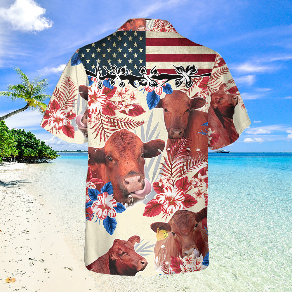 Unique Red Angus Cattle American Flag Flowers Hawaiian Shirt