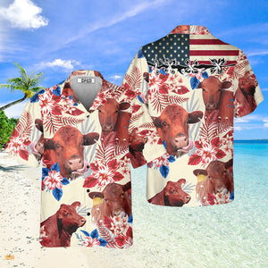 Unique Red Angus Cattle American Flag Flowers Hawaiian Shirt