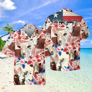 Unique Hereford Cattle Texas Flag Hawaiian Flowers All Over Printed 3D Hawaiian Shirt