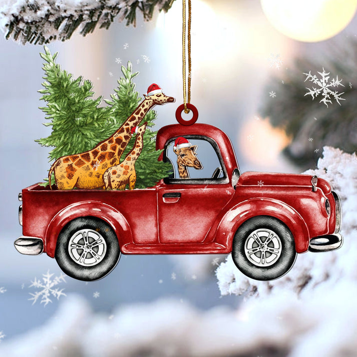 Giraffe Red Car Christmas Ornament